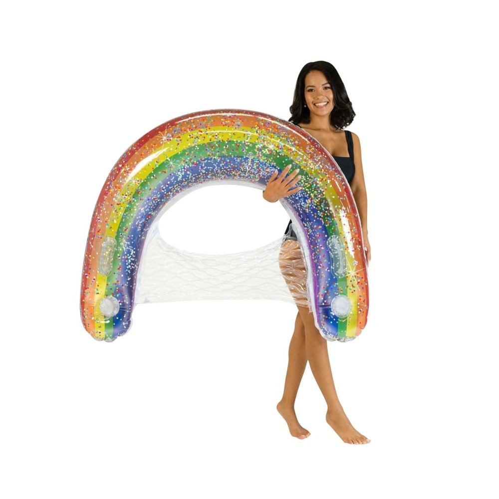PoolCandy Large Glitter Rainbow Sun Chair Pool Float with Cup Holders